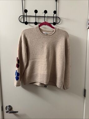 Madewell Womens Beige Floral-Sleeve Crewneck Sweater